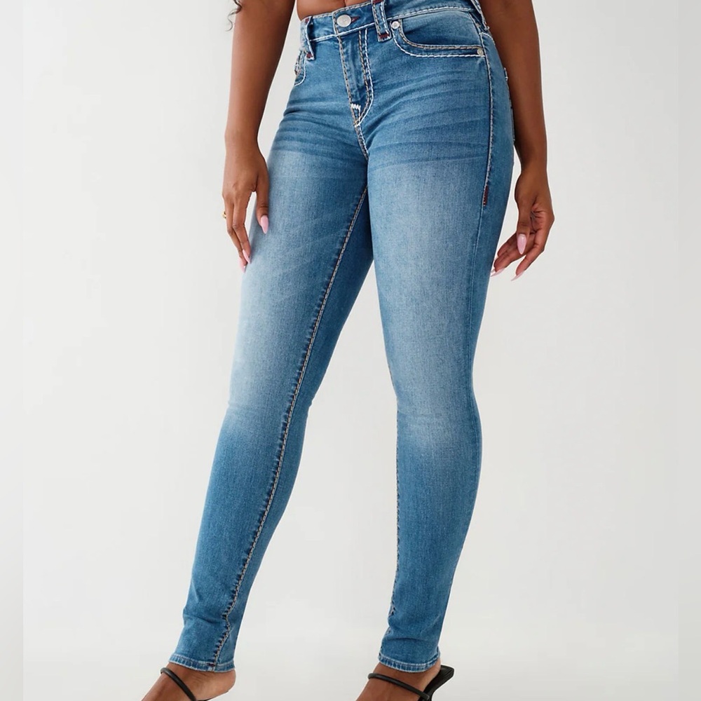 True Religion Stella low rise 27 28 Light Blue Skinny Jeans 30 inseam flattering - Picture 3 of 9